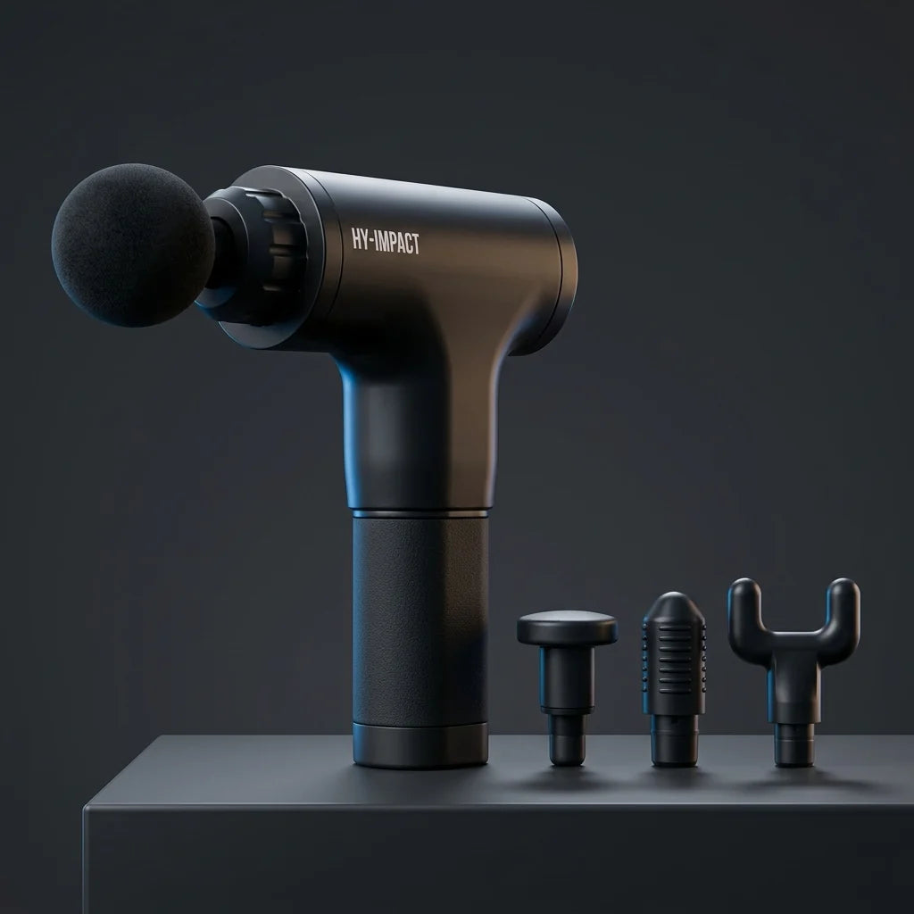 HY-IMPACT masajeador con 4 cabezales sobre pedestal oscuro