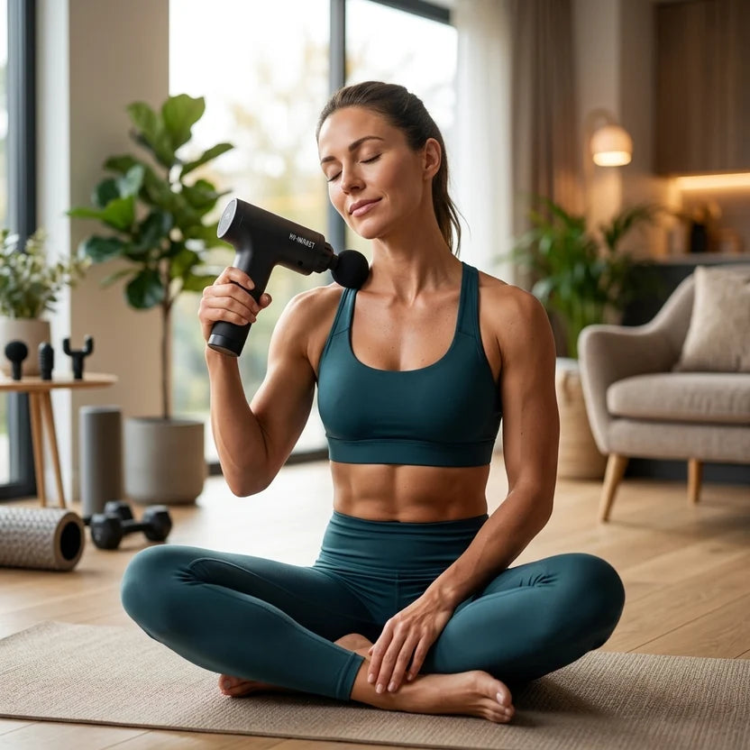 Mujer usando HY-IMPACT en cuello sentada en posición yoga