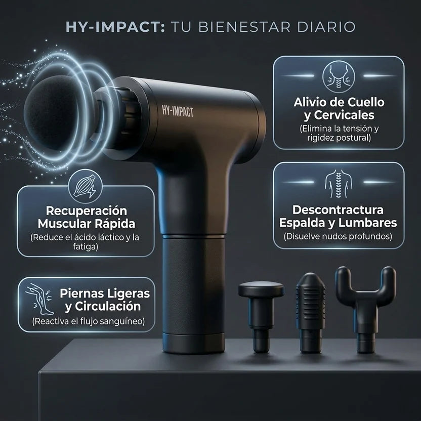 HY-IMPACT beneficios: recuperación muscular, alivio de cuello, descontractura espalda, piernas ligeras